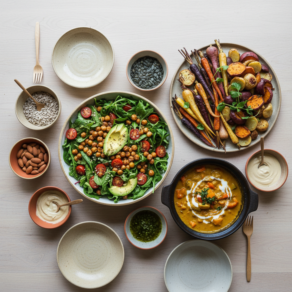 An overhead view of a colorful vegan family-style lunch spread arranged harmoniously on a large light-wood table: a big salad bowl filled with mixed greens, roasted chickpeas, cherry tomatoes, and avocado slices; a platter of roasted root vegetables; a pot of creamy coconut curry; and small bowls of seeds, nuts, and dressings. Each dish is placed to create a balanced, circular composition, with simple ceramic tableware in muted earth tones. Soft overcast daylight from above creates even, shadow-free illumination, enhancing the natural colors of the food. The mood is inclusive, abundant, and relaxed, presented in a clean, modern, photographic realism style with sharp focus across the entire frame, ideal for illustrating plant-based family meals and shared recipes.