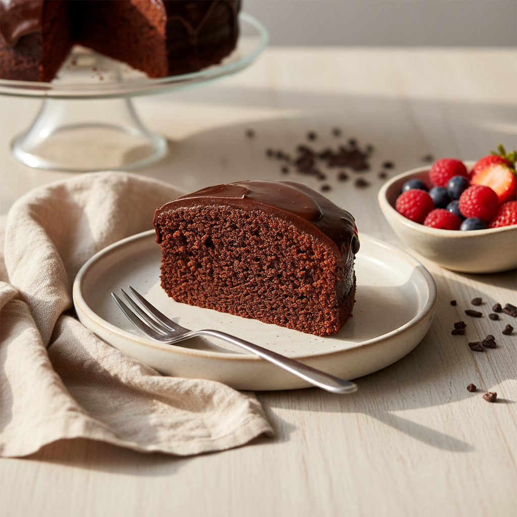 A close-up of a vegan chocolate cake slice on a simple off-white stoneware plate, the cake impossibly moist with dense, dark crumb and a glossy ganache drip catching the light. Beside it, a small bowl of fresh red berries and a silver dessert fork rest on a light linen napkin with soft creases. The scene sits on a pale wooden surface near a window, bathed in gentle afternoon natural light that creates delicate highlights on the ganache and subtle shadows around the plate. Background elements, like a blurred cake stand and scattered cocoa nibs, provide depth without distraction. Photographic realism with a clean, minimalist composition and a calm, indulgent atmosphere suitable for a hero image on a dessert recipe page.